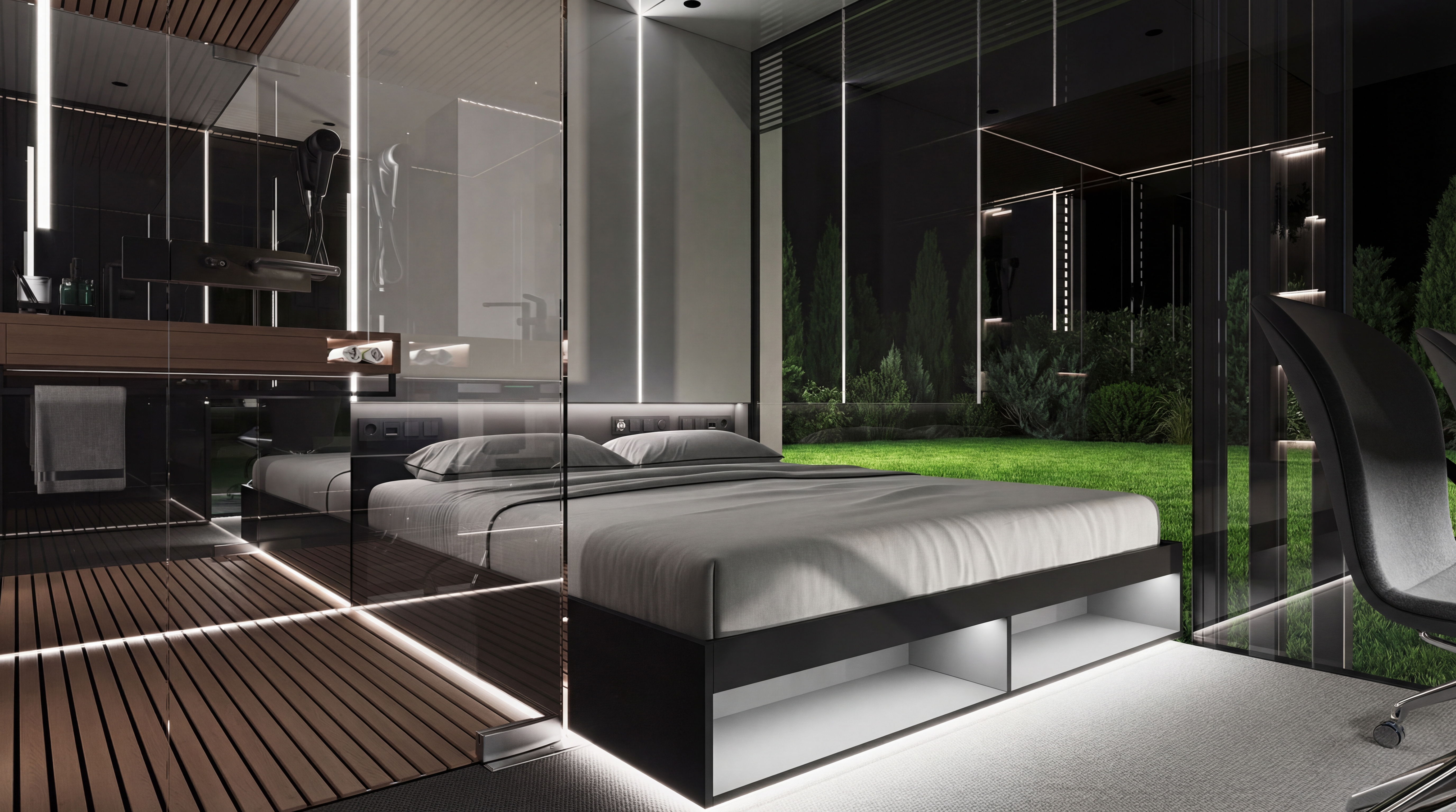 Интерьер лэндера с санузлом и SMART-остеклением