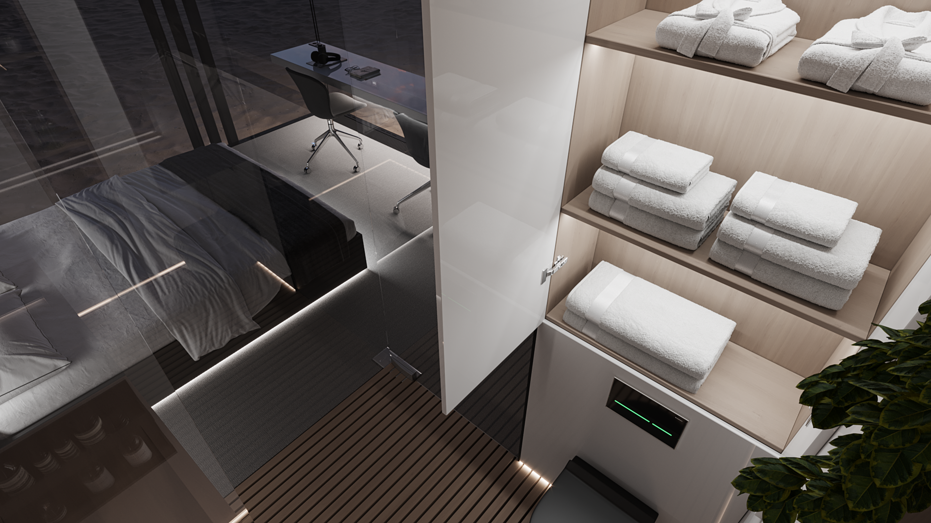 Интерьер лэндера с санузлом и SMART-остеклением